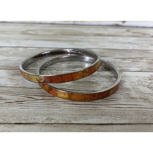 Silver Toned Enamel Bangle Bracelets Orange Fall Tones Vintage Pair - Picture 5 of 10